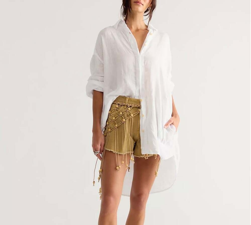 Free People Nessa Shirt Dress Ivory White Cotton Linen Button Down Size Medium